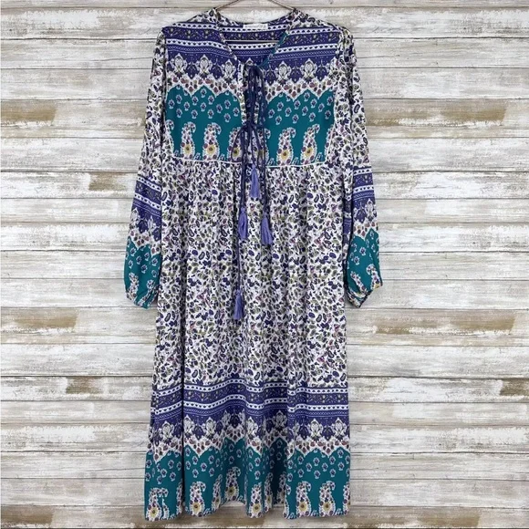 R.Vivimos | Boho Long Sleeve Floral Print Retro V Neck Tassel Midi Dress small - Picture 1 of 9